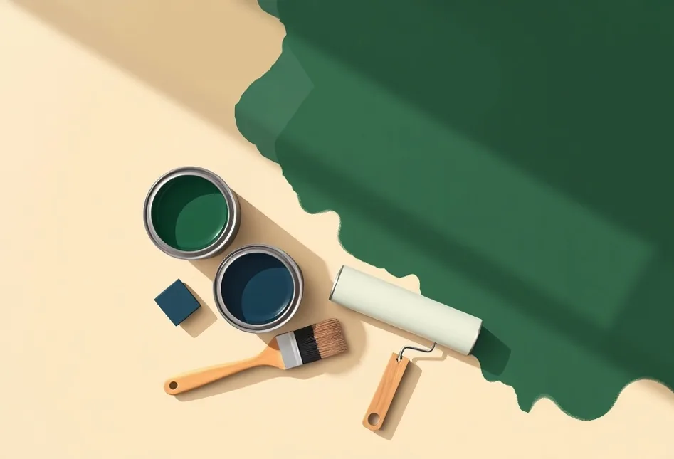 Pots de peinture, nuancier, brosses et rouleaux disposés à plat