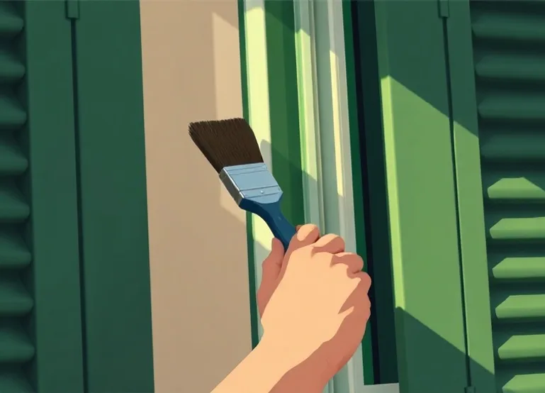 Mise en peinture au pinceau de volets et d'encadrements en bois