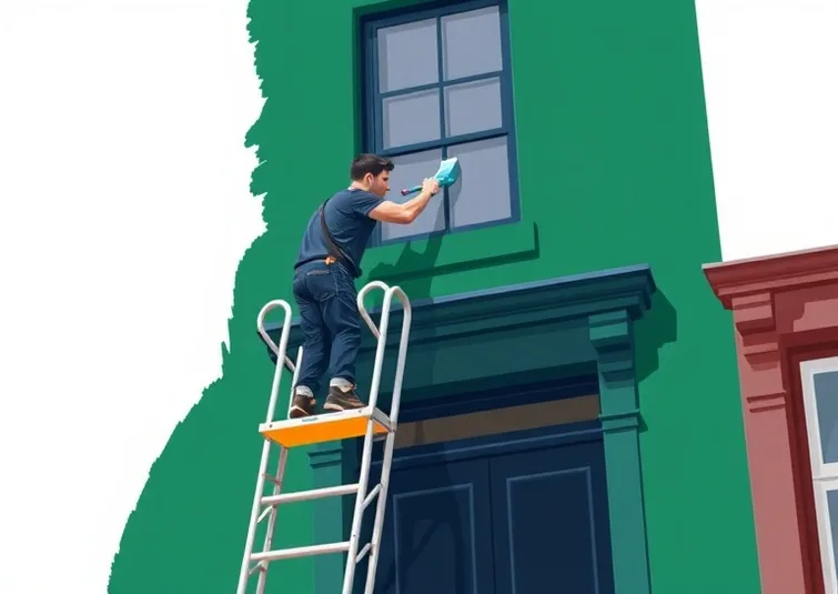 Peintre sur échafaudage traitant la façade d'une maison
