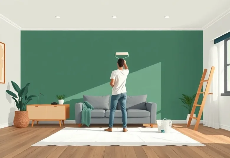 Peintre appliquant la peinture au rouleau sur un mur de salon
